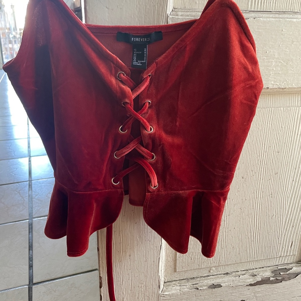 Forever 21 Red Lace-Up Velvet Top